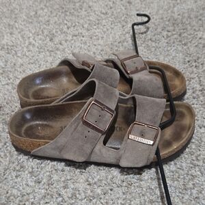 Birkenstock Taupe Suede Sandals with Copper Buckles